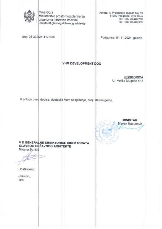 Rješenja glavnog državnog arhitekte - 01.11.2024 Rješenje -VHM DEVELOPMENT DOO, Podgorica -Glavni grad Podgorica