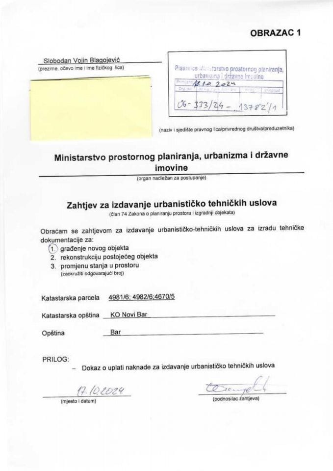 Захтјеви за издавање урбанистичко техничких услова - 06_333_24_13782_1 Слободан Благојевић