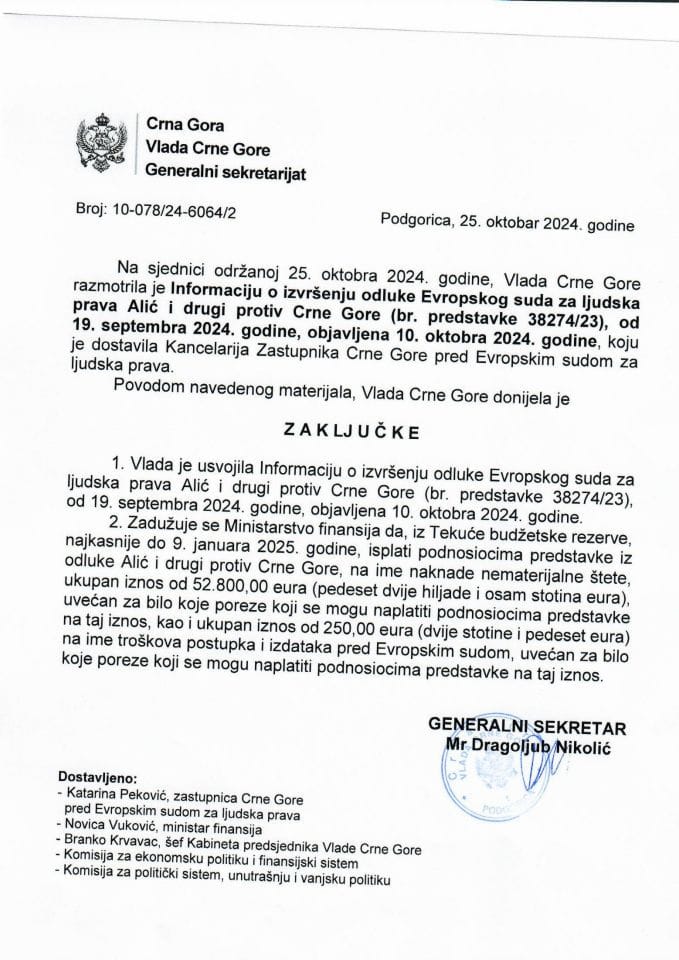 Информација о извршењу одлуке Европског суда за људска права Алић и други против Црне Горе (бр. представке 38274/23) од 19. септембра 2024. године, објављена 10. октобра 2024. године (без расправе) - закључци