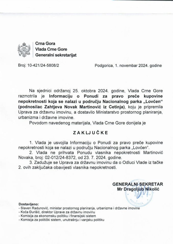 Информација о понуди за право прече куповине непокретности која се налази у подручју Националног парка „Ловћен“ (подносилац захтјева Новак Мартиновић из Цетиња) (без расправе) - закључци