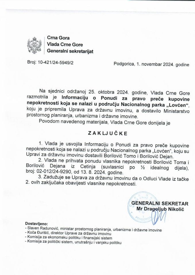 Информација о понуди за право прече куповине непокретности која се налази у подручју Националног парка „Ловћен“ (подносиоци захтјева Бориловић Томо и Бориловић Дејан из Цетиња) (без расправе) - закључци