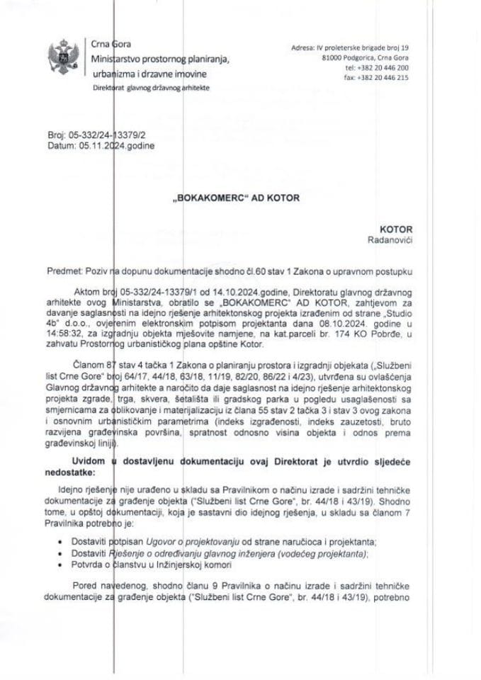 Obavještenja - Saglasnosti glavnog državnog arhitekte - 05.11.2024 Obavještenje -BOKAKOMERC AD, Kotor -Opština Kotor