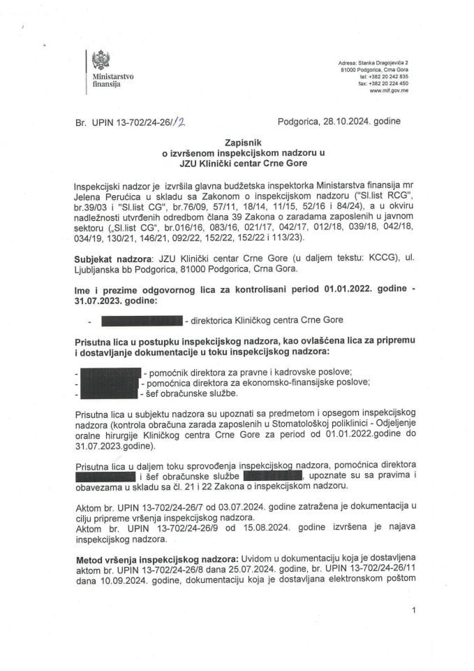 Записник о извршеном инспекцијском надзору у ЈЗУ Клинички центар Црне Горе