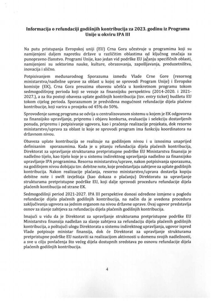 Информација о рефундацији годишњих контрибуција за 2023. годину из Програма Уније у оквиру IPA III