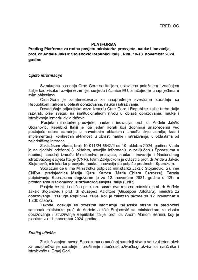 Predlog platforme za radnu posjetu ministarke prosvjete, nauke i inovacija, prof. dr Anđele Jakšić – Stojanović, Republici Italiji, Rim, 10−13. novembar 2024. godine