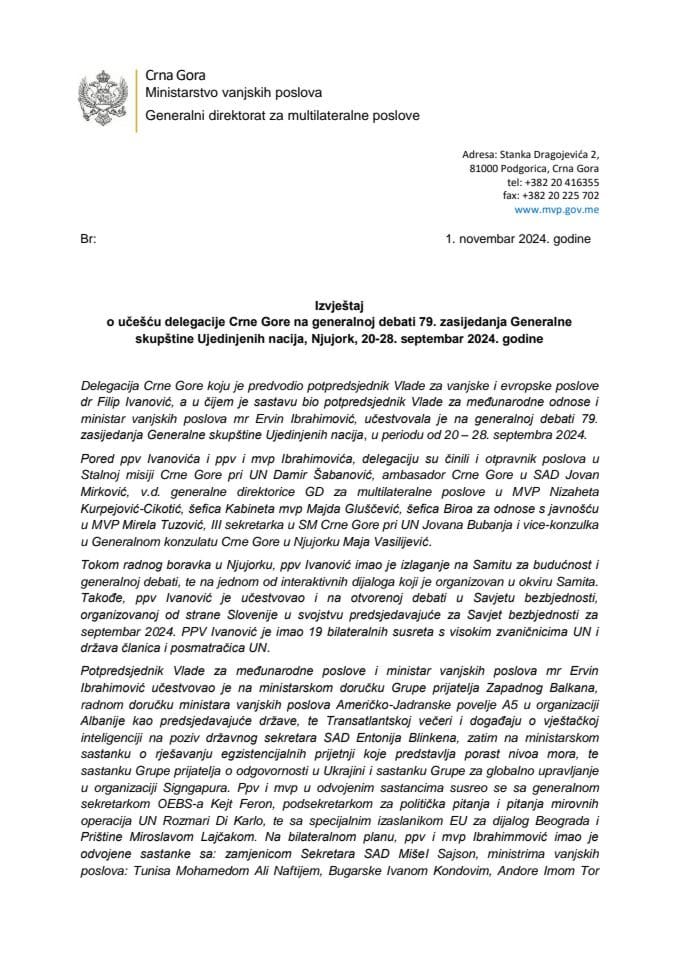 Izvještaj o učešću delegacije Crne Gore na generalnoj debati 79. zasijedanja Generalne skupštine Ujedinjenih nacija, Njujork, 20 - 28. septembar 2024. godine