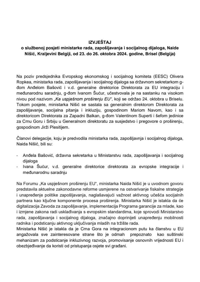 Извјештај о службеној посјети министарке рада, запошљавања и социјалног дијалога Наиде Нишић, Краљевини Белгији, од 23. до 26. октобра 2024. године, Брисел, Краљевина Белгија