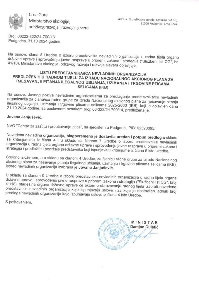 Listu predstavnika/ica nevladinih organizacija predloženih u radnom tijelu za izradu Nacionalnog Akcionog Plana za rješavanje pitanja ilegalnog ubijanja, uzimanja i trgovine pticama selicama - lista o izboru kandidata nvo za rad u rg za izradu NAP-a