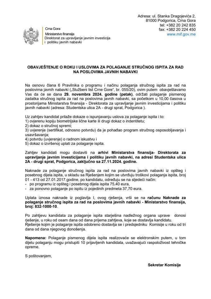 Obavještenje o roku i uslovima za polaganje stručnog ispita za rad na poslovima javnih nabavki novembar 2024. godine