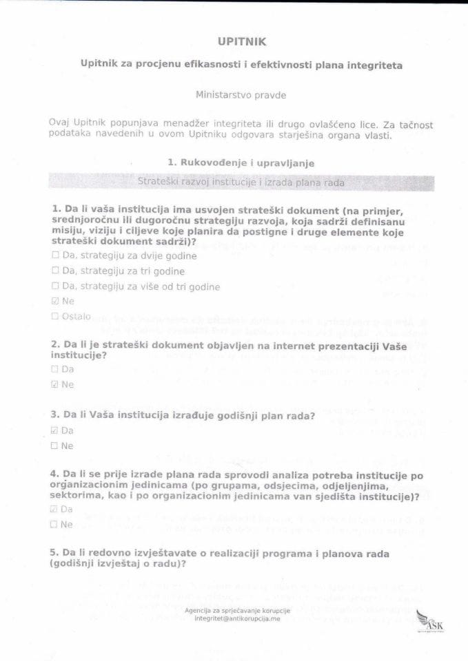 Upitnik za procjenu efikasnosti i efektivnosti plana integriteta