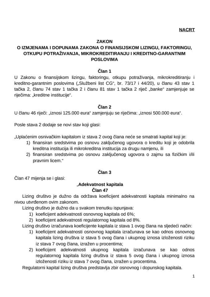 Nacrt zakona o izmjenama i dopunama Zakona o finansijskom lizingu, faktoringu, otkupu potraživanja, mikrokreditiranju i kreditno-garantnim poslovima