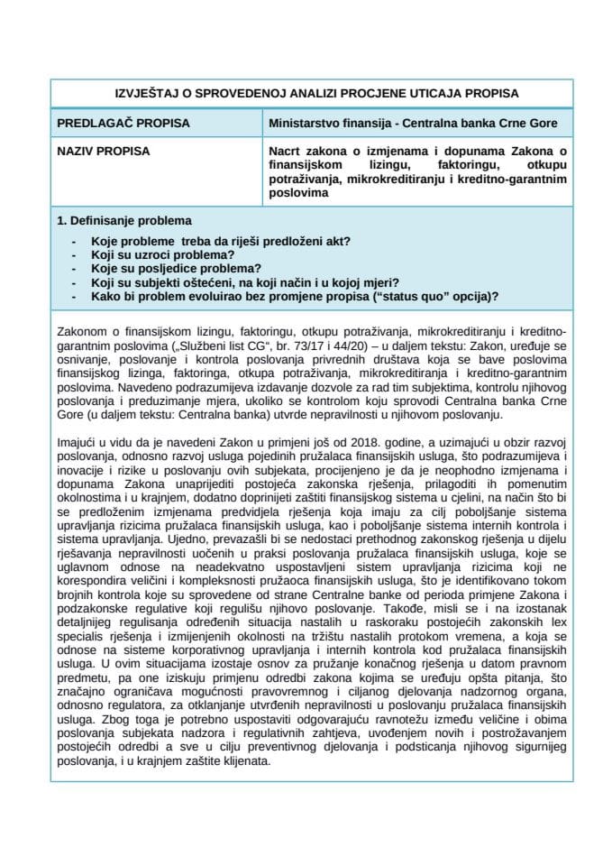 Izvještaj o sprovedenoj analizi procjene uticaja propisa RIA