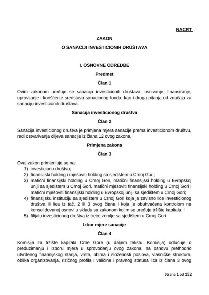 Nacrt zakona o sanaciji investicionih društava