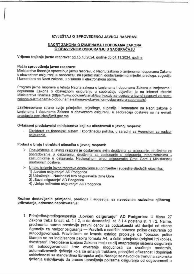 Извјештај о спроведеној јавној расправи о Нацрту закона о измјенама и допунама Закона о обавезном осигурању у саобраћају