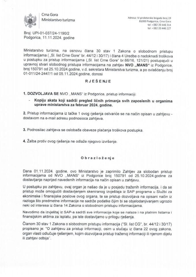 Rješenje - Slobodan pristup informacijama - UPI 01-037-24-1190-2 Mreža za afirmaciju nevladinog sektora - MANS