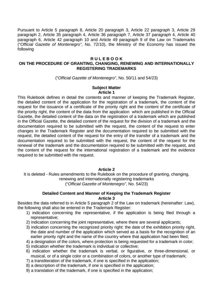 Rulebook on the procedure of granting, changing, renewing and internationally registering trademarks