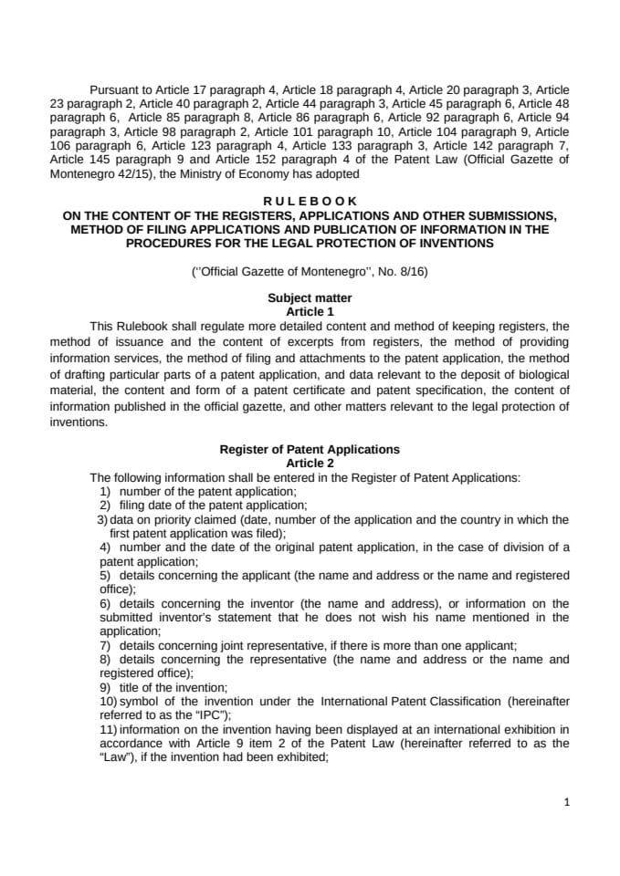 Rulebook on the content of the registers, applications and other submissions, method of filing applications and publication of information for inventions