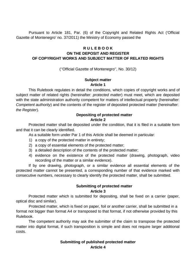 Rulebook on the deposit and register of copyright works and subject matter of related rights