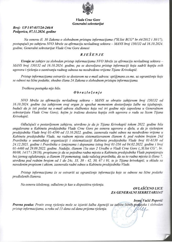 Informacija kojoj je pristup odobren po zahtjevu NVO Mreža za afirmaciju nevladinog sektora MANS od 16.10.2024. godine – UP I - 07-037/24-246/4