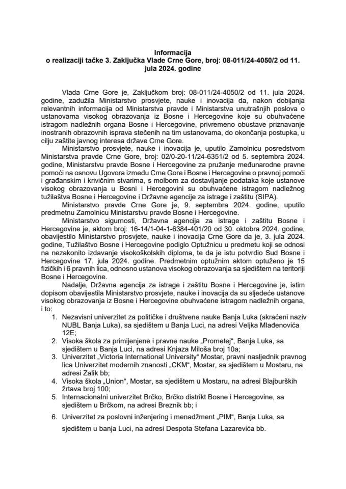 Информација о реализацији тачке 3. Закључка Владе Црне Горе, број: 08-011/24-4050/2 од 11. јула 2024. године