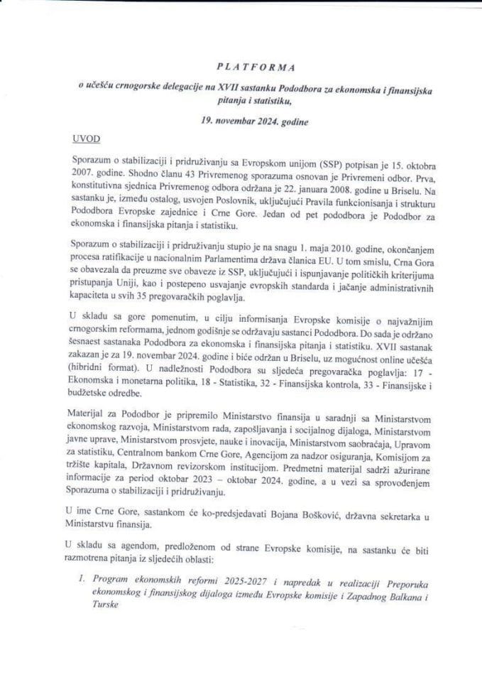 Predlog platforme o učešću crnogorske delegacije na XVII sastanku Pododbora za ekonomska i finansijska pitanja i statistiku, 19. novembra 2024. godine