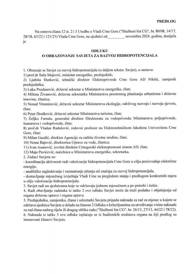 Predlog odluke o obrazovanju Savjeta za razvoj hidropotencijala