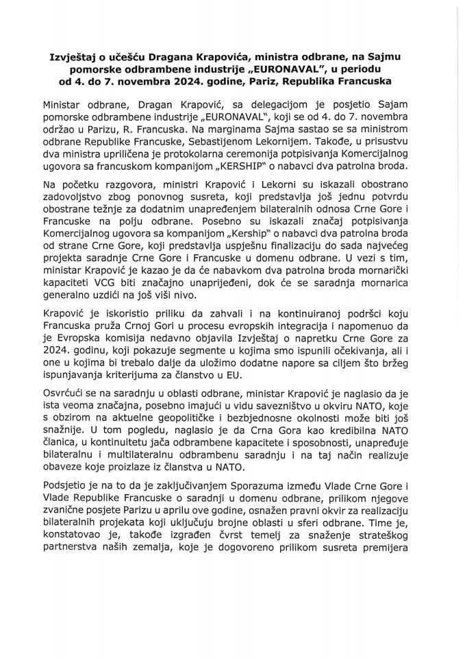 Izvještaj o učešću Dragana Krapovića, ministra odbrane, na Sajmu pomorske odbrambene industrije „EURONAVAL”, u periodu od 4. do 7. novembra 2024. godine, Pariz, Republika Francuska