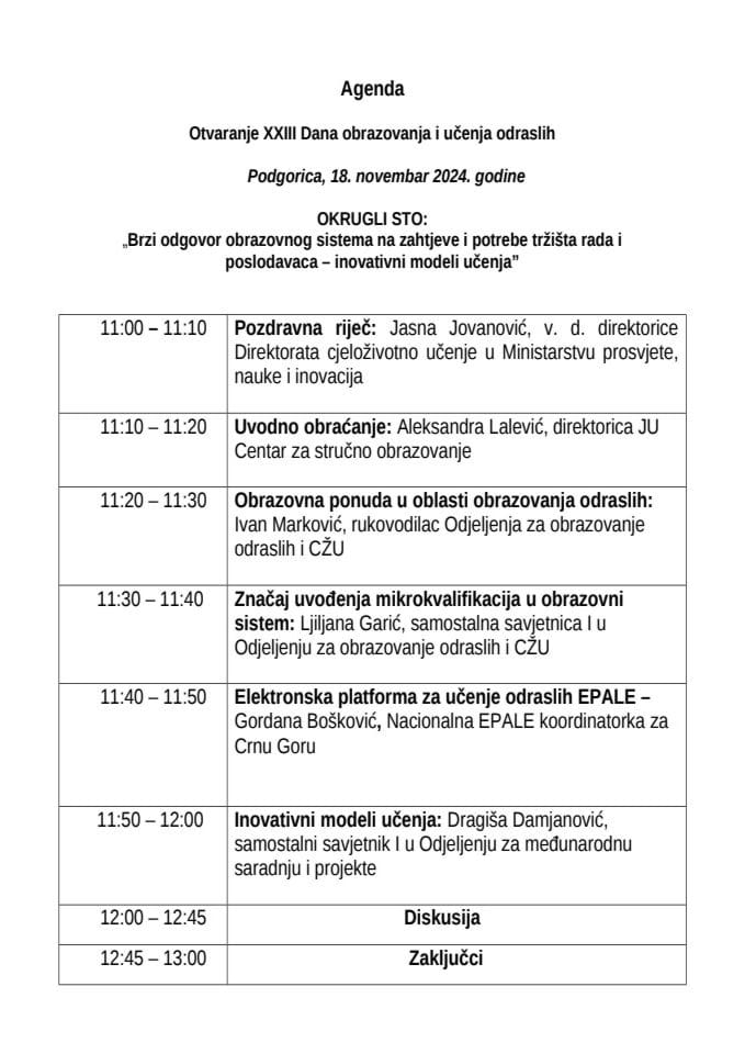 AGENDA  otvaranja manifestacije