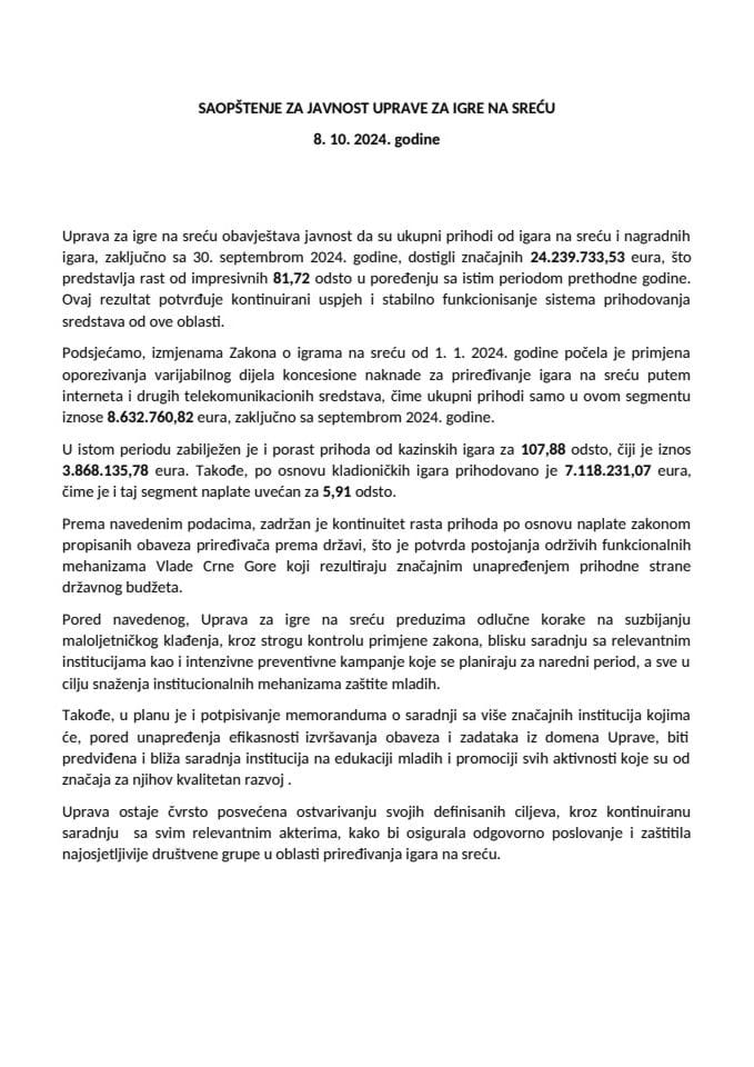 Saopštenje Uprave za igre na sreću 8. 10. 2024.