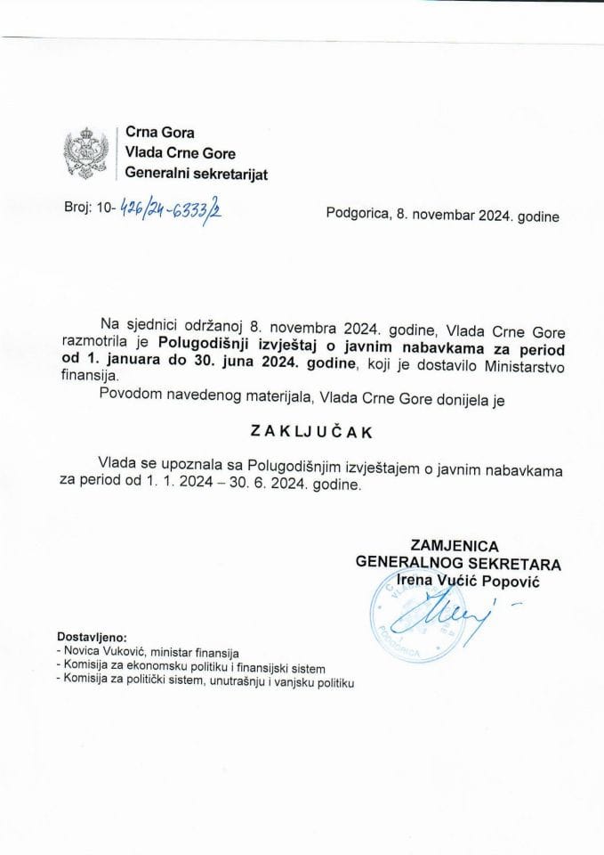 Полугодишњи извјештај о јавним набавкама за период од 1. јануара до 30. јуна 2024. године - закључци