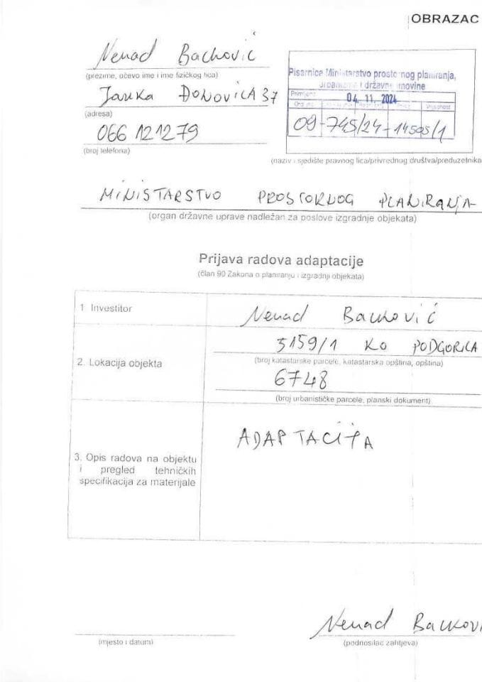 Prijava radova adaptacije - NENAD BACKOVIĆ 09-745-24-14505-1
