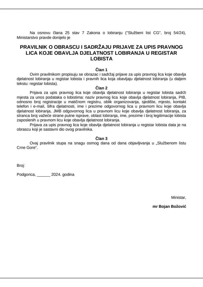 4. PRAVILNIK O OBRASCU I SADRŽAJU O PRIJAVI ZA UPIS PRAVNOG LICA U REGISTAR LOBISTA