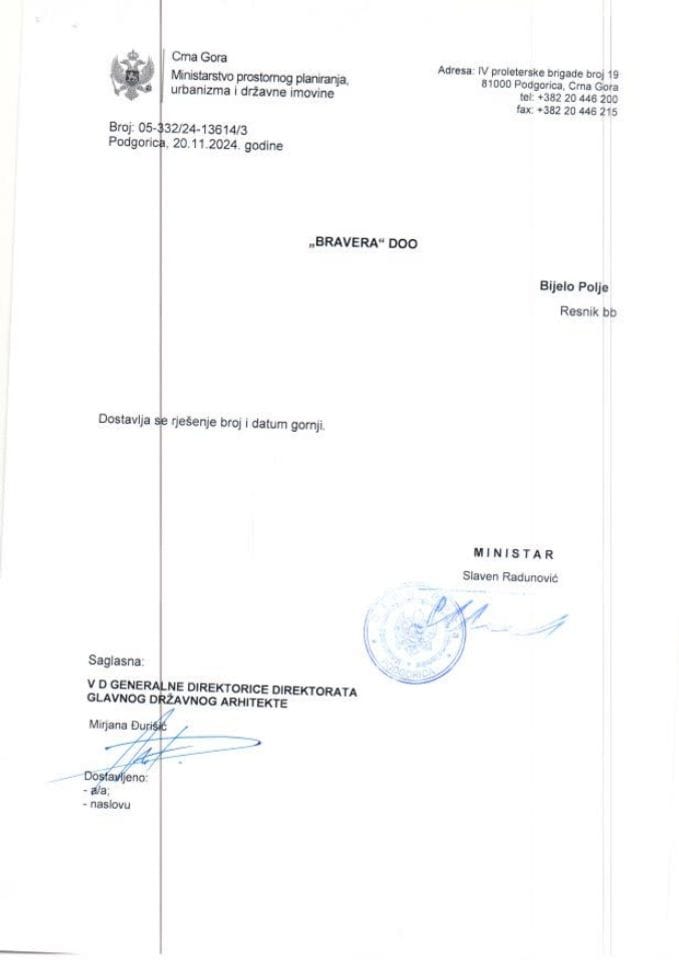 Rješenja glavnog državnog arhitekte - 20.11.2024 Rješenje -BRAVERA DOO, Bijelo Polje -Opština Bijelo Polje