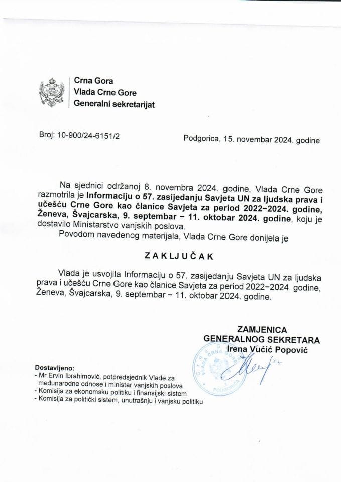 Informacija o 57. zasijedanju Savjeta UN za ljudska prava i učešću Crne Gore kao članice Savjeta za period 2022-2024. godine, Ženeva, Švajcarska, 9. septembar - 11. oktobar 2024. godine - zaključci