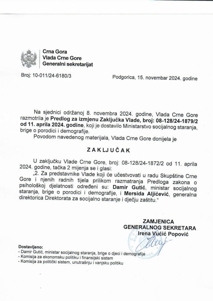 Predlog za izmjenu Zaključka Vlade Crne Gore, broj: 08-128/24-1879/2, od 18. aprila 2024. godine, sa sjednice od 11. aprila 2024. godine - zaključci