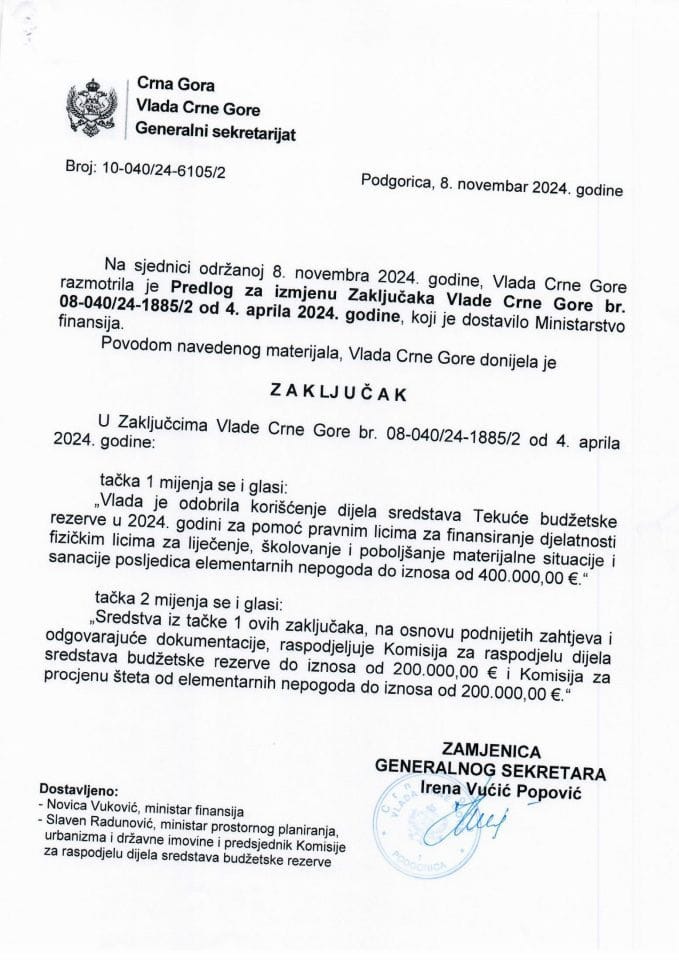 Predlog za izmjenu Zaključaka Vlade Crne Gore, broj: 08-040/24-1885/2, od 04. aprila 2024. godine - zaključci