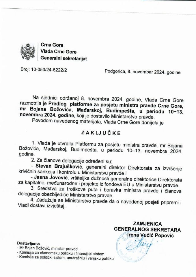 Predlog platforme za posjetu ministra pravde Crne Gore mr Bojana Božovića Mađarskoj, Budimpešta, u periodu 10 - 13. novembra 2024. godine - zaključci