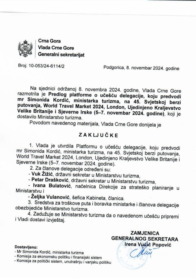 Predlog platforme o učešću delegacije, koju predvodi mr Simonida Kordić, ministarka turizma, na 45. Svjetskoj berzi putovanja, World Travel Market 2024, London, Ujedinjeno Kraljevstvo Velike Britanije i Sjeverne Irske, 5 - 7. novembar 2024. godine - zaključci