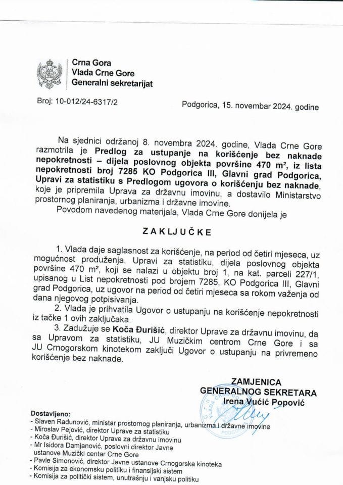 Predlog za ustupanje na korišćenje bez naknade nepokretnosti - dijela poslovnog objekta površine 470 m2, iz lista nepokretnosti broj 7285 KO Podgorica III, Glavni grad Podgorica, Upravi za statistiku s Predlogom ugovora - zaključci