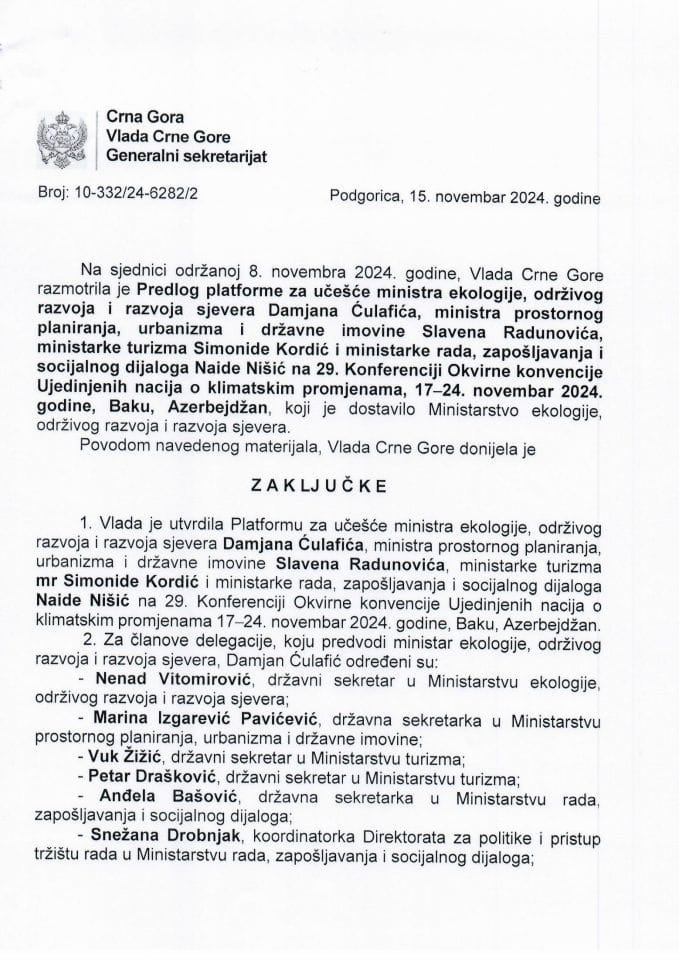 Predlog platforme za učešće delegacije Vlade Crne Gore na 29. Konferenciji Okvirne konvencije Ujedinjenih nacija o klimatskim promjenama 17 - 24. novembar 2024. godine Baku, Azerbejdžan - zaključci