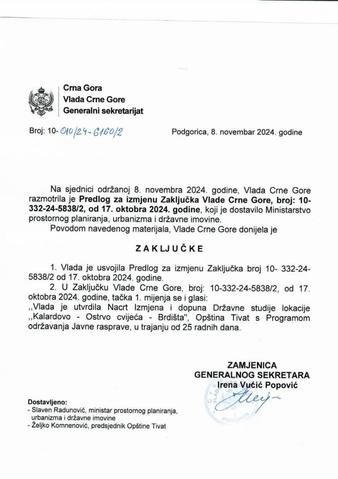 Predlog za izmjenu Zaključka Vlade Crne Gore, broj: 10-332/24-5838/2, od 17. oktobra 2024. godine - zaključci