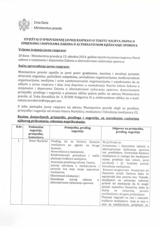 Извјештај са јавне расправе о Нацрту Закона о алтрнативном рјешавању спорова 2