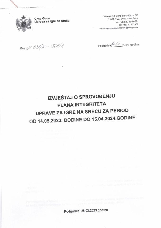 Извјештај о спровођењу плана интегритета 14. 5. 2023 - 15. 4. 2024. године