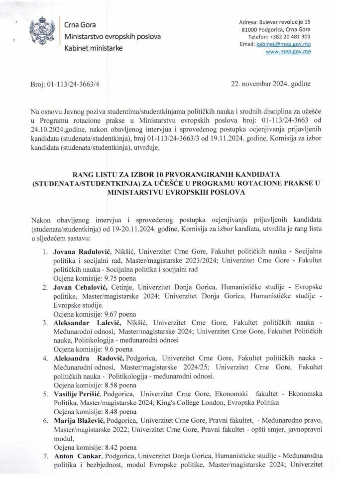 Ранг листа за избор 10 прворангираних кандидата (студената/студенткиња) за учешће у програму ротационе праксе у Министарству европских послова