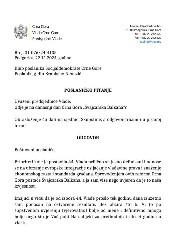 Premijerski sat: Odgovor predsjednika Vlade Milojka Spajića na poslaničko pitanje Branislava Nenezića