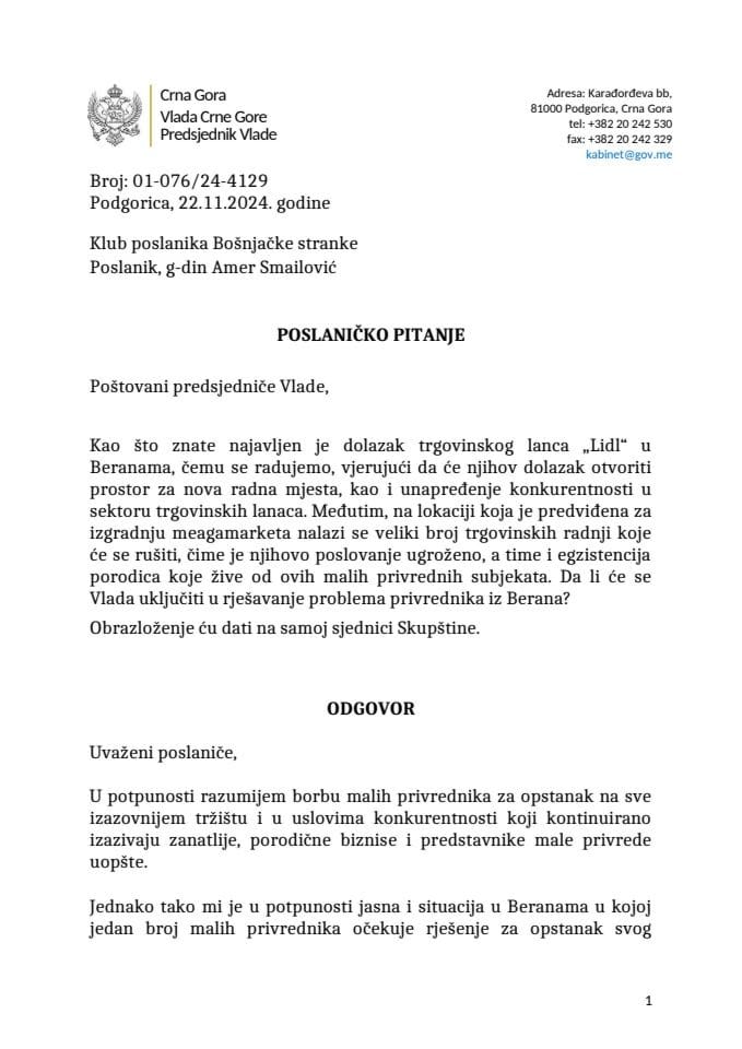 Premijerski sat: Odgovor predsjednika Vlade Milojka Spajića na poslaničko pitanje Amera Smailovića