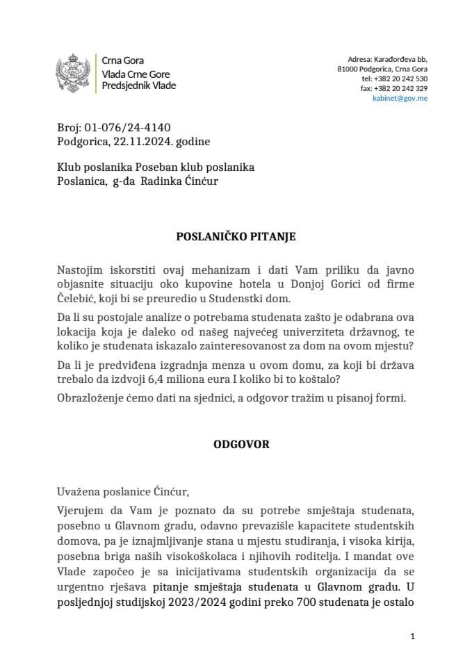 Premijerski sat: Odgovor predsjednika Vlade Milojka Spajića na poslaničko pitanje Radinke Ćinćur