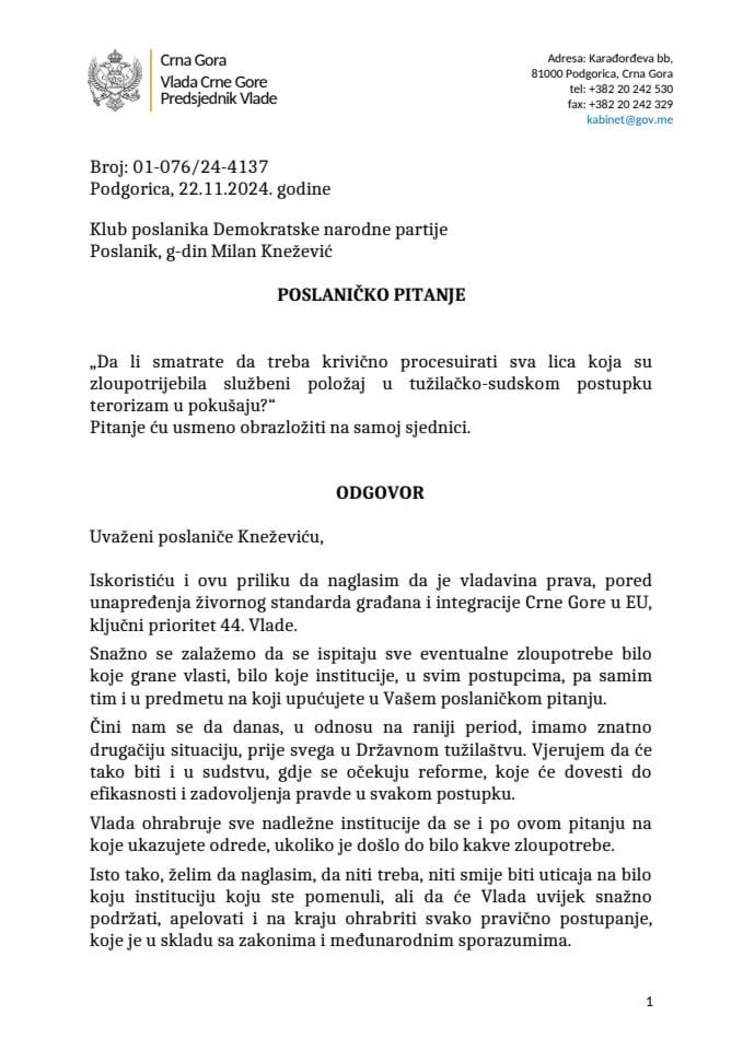 Premijerski sat: Odgovor predsjednika Vlade Milojka Spajića na poslaničko pitanje Milana Kneževića