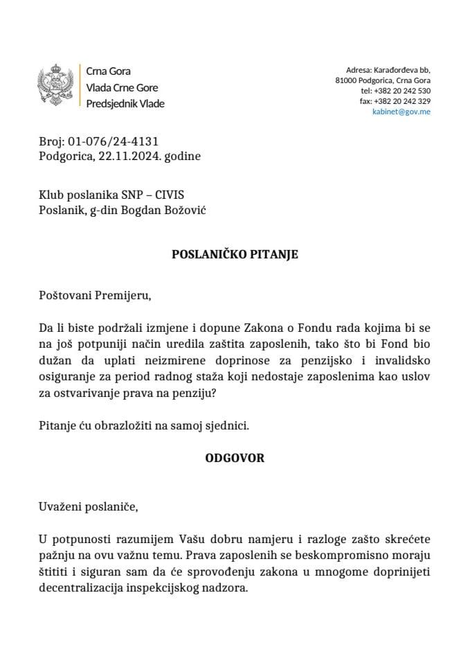 Premijerski sat: Odgovor predsjednika Vlade Milojka Spajića na poslaničko pitanje Bogdana Božovića