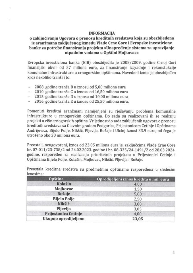 Informacija o zaključivanju Ugovora o prenosu kreditnih sredstava koja su obezbijeđena iz aranžmana zaključenog između Vlade CG i EIB za potrebe finansiranja projekta „Unapređenje sistema za upravljanje otpadnim vodama u Opštini Mojkovac“